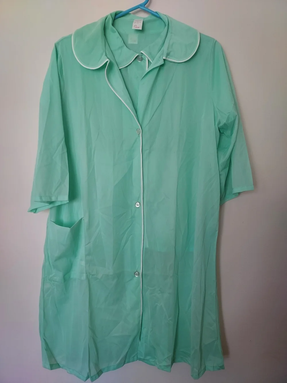 Vintage Sears Mint Green Three-Piece Pajama Robe Set White Piping Size 36 Large